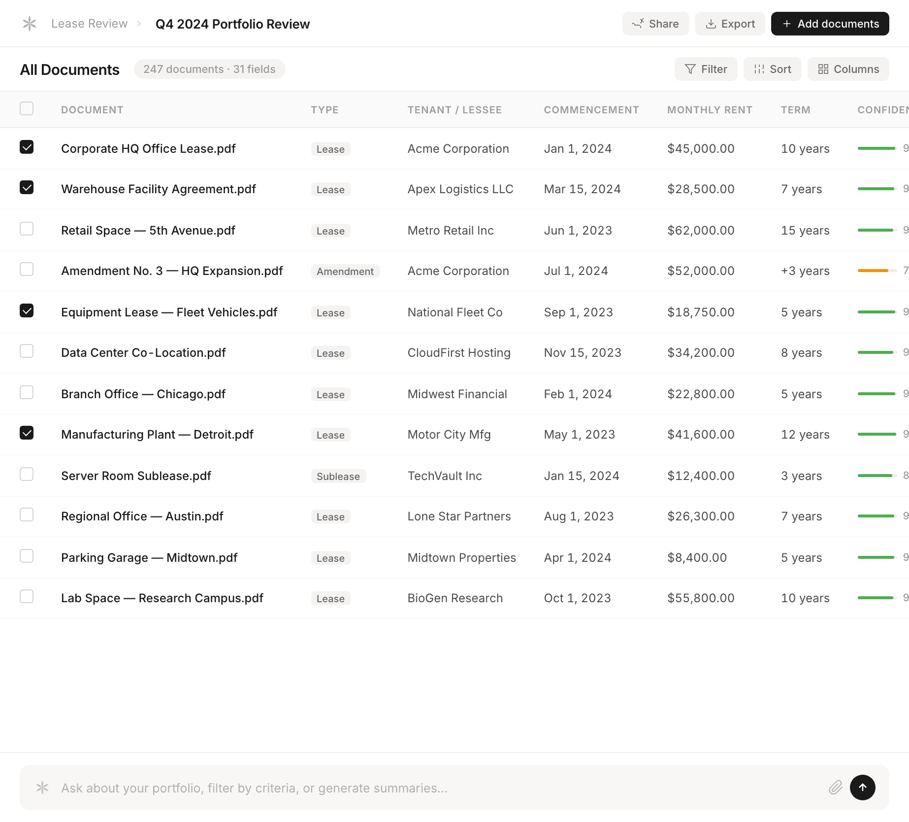 Arvexi Lease Review showing a portfolio of lease documents in a structured spreadsheet view